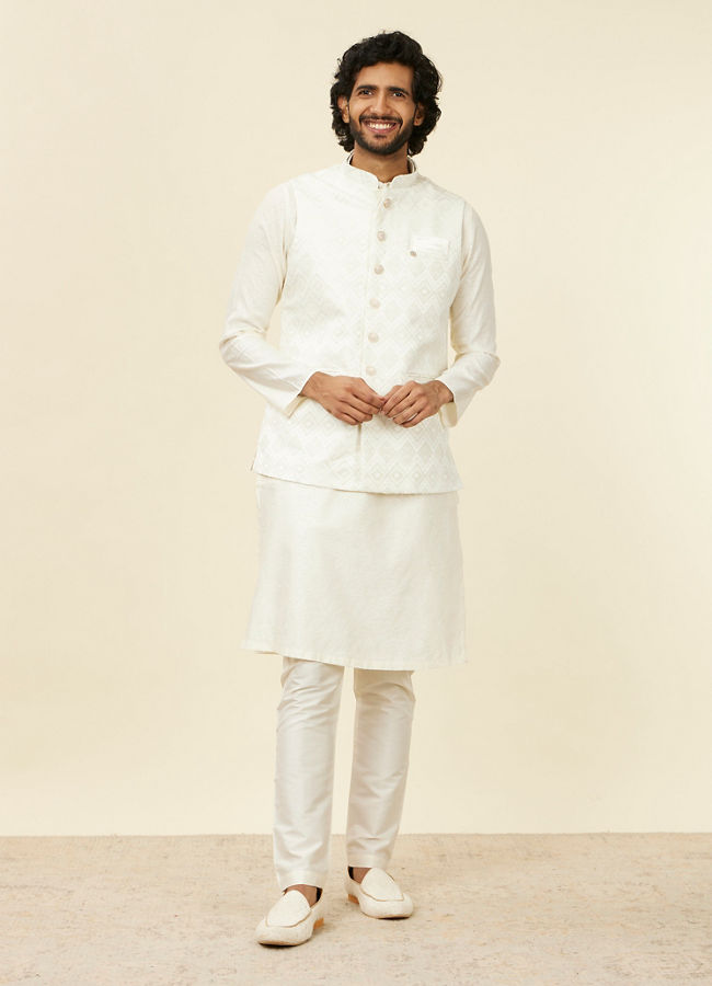 alt message - Manyavar Men Warm White Grid Patterned Nehru Jacket image number 2
